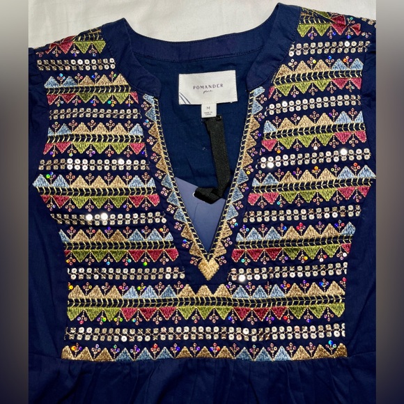 Pomander Place Embroidered Tiered Dress Navy Boho Peasant M NWT - Picture 7 of 9